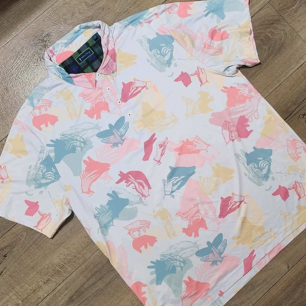 William Murray Golf‎ Mens XXL Shadow Puppets Polo Shirt Pastel All Over Print